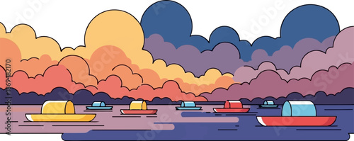 Stylized boats float on serene waters under a dramatic, colorful, cloudy sky
