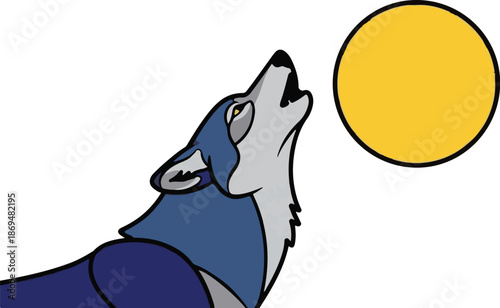 Stylized blue wolf howls at a bright yellow full moon against a white background