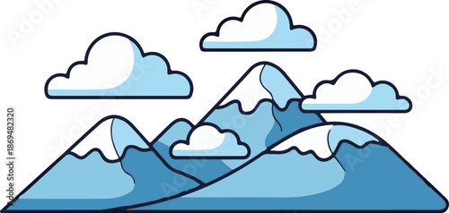 Stylized blue mountains with white snow caps rise against a backdrop of fluffy white clouds