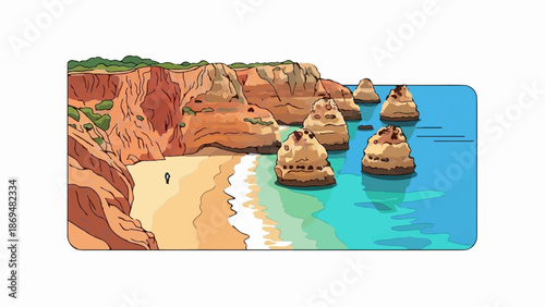Stylized coastal cliffs with rocky sea stacks and a sandy beach meets turquoise water