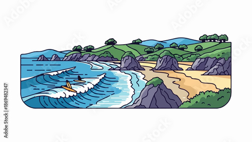 Stylized coastal landscape with rolling green hills, rocky outcrops, sandy beach, and surfers in the ocean