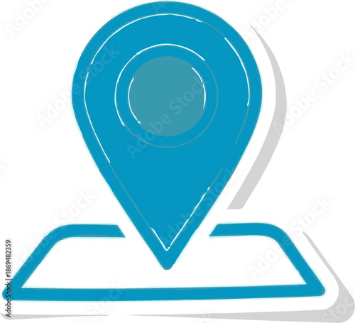 Stylized blue map pin icon with a circular center, on a flat map base