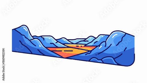Stylized blue mountain peaks cradle a vibrant orange and yellow river valley