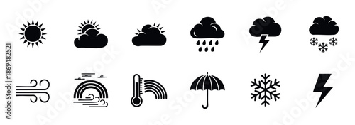 A comprehensive collection of simplified monochrome weather forecast symbols representing sun, clouds, rain, snow, wind, and temperature for modern digital interface applications.