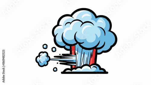 Stylized comic-style explosion with blue clouds and red and white streaks