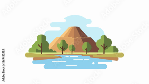 Stylized conical mountain with trees and water