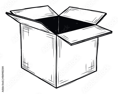 Hand drawn style open cardboard box ready for packaging or delivery, perfect for ecommerce, logistics, or moving business promotions and various graphic needs.