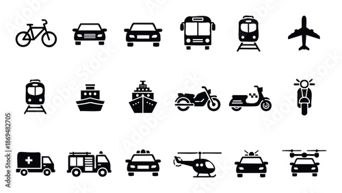 Comprehensive collection of modern transportation vehicle icons including cars, bikes, buses, trains, ships, planes, motorcycles, ambulances, and police for various design projects and