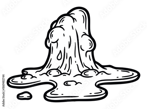 Dynamic black outline drawing of erupting liquid or molten substance spewing upwards and spreading on a surface, ideal for abstract visual effects, graphic novel elements, or playful