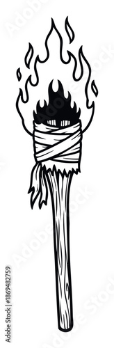 A powerful graphic symbol of a burning torch featuring rustic wood and wrapped fabric creating an ancient beacon for various historical, adventure, or traditional themes