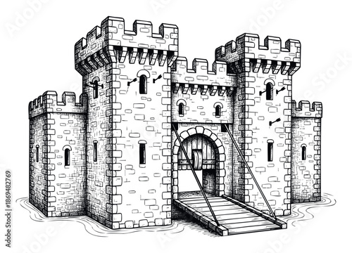 An ancient stone fortress with majestic towers, protective battlements, a wooden drawbridge spanning a moat, creating a formidable defense for historical or fantasythemed projects.