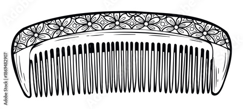 Hair styling comb with an elegantly curved top showcasing an intricate floral and geometric decoration, captured as a crisp black line drawing for beauty guides and creative projects.