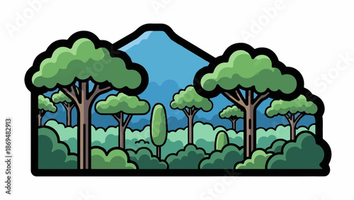 Stylized depiction of a lush forest scene with trees, bushes, and a distant mountain