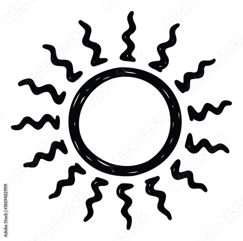 Hand drawn sun icon with wavy rays depicting warmth and light, perfect for summer themed publications, weather apps, or cheerful graphic displays