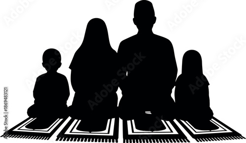 Ramadan Family Praying Silhouette Vector – Islamic Worship, Muslim Parents and Children on Prayer Mats