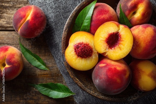 Ripe Peaches in Bowl with Leaves on Rustic Wood, Natural Light, Overhead View