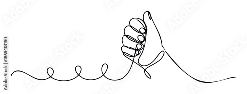 Continuous line drawing of a human hand forming a fist connected to a flowing wavy line, representing strength, connection, and success for business presentations or minimalist graphic