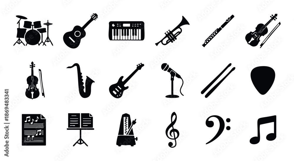 Obraz premium Collection of musical instrument and symbol silhouettes perfect for musicthemed projects educational materials and graphic design resources related to sound and rhythm