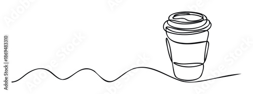 Minimalist continuous line drawing of a takeaway coffee cup with a flowing wavy line, perfect for modern cafe branding and beverage marketing.