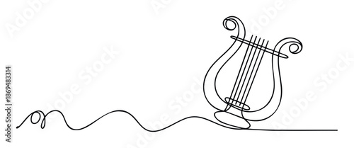 Elegant continuous line drawing of a classical string instrument, depicting a simple lyre with graceful curves, perfect for musicrelated themes, cultural events, or educational materials.