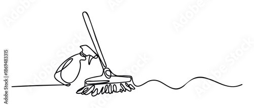 Continuous line drawing of cleaning supplies, including a spray bottle and a mop, symbolizing effective household hygiene and freshness for various home care marketing materials or domestic