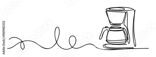 A minimalist single continuous line drawing of a modern coffee maker with a carafe, perfect for kitchen decor, beveragerelated promotions, or cafe branding applications.