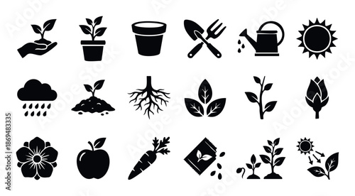 Diverse set of gardening and plant growth icons depicting seedlings, roots, leaves, fruits, tools, and environmental factors, ideal for agricultural presentations, ecofriendly promotions,