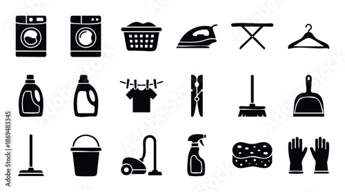 A comprehensive collection of household laundry and cleaning equipment icons representing various domestic tasks and home care services for use in applications and print.