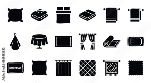 A versatile collection of home textile icons featuring pillows, blankets, beds, towels, curtains, and rugs, ideal for various interior design themes and home decor applications.