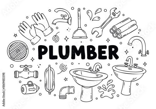 Handdrawn collection of plumbing tools and equipment, featuring sinks, wrenches, and pipes, ideal for promoting professional plumbing services and home repair information.