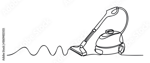 Modern vacuum cleaner with a long hose and brush head in a continuous line drawing style perfect for home appliance advertisements or cleaning service promotions