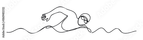 Continuous line graphic of an athlete swimming front crawl representing fluid movement and dynamic sports for active lifestyle blogs fitness center marketing or competition posters