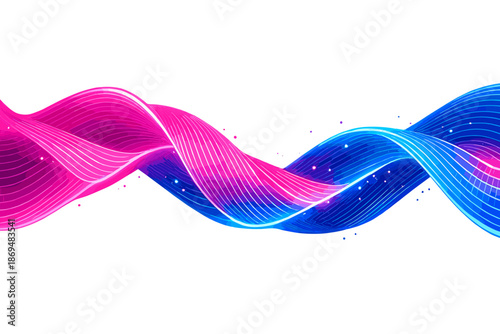 Abstract bands in neon pink and blue flow across a virtual background, depicting digital technology, science or data concepts, with a futuristic retro wave 3D render illustration