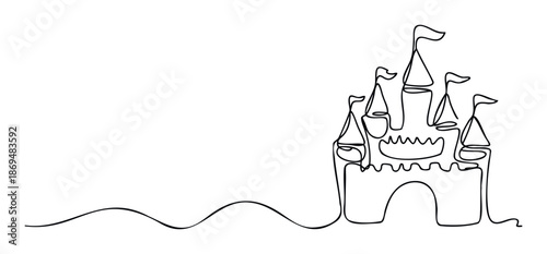 Elegant one line illustration of a dreamlike fantasy castle with multiple towers and flowing flags perfect for storybook covers, party decorations, or inspiring graphic projects.