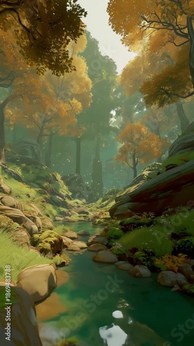 Serene forest landscape with autumn foliage and tranquil river  