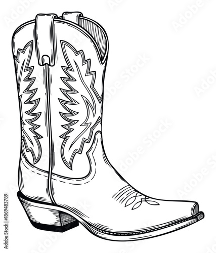 Detailed outline drawing of a classic Western cowboy boot with traditional stitching and pointed toe, perfect for apparel, branding, or event promotion celebrating rodeo and country culture