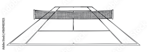 Hand drawn outline sketch of a tennis court with net and markings viewed from above, suitable for sports education, game layout illustration, and athletic activity graphics.