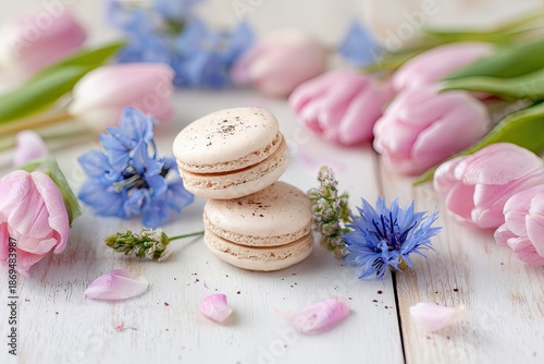 Sweet Macarons with Pink Tulips and Blue Flowers on White Wood