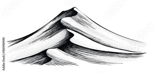 Handdrawn desert sand dunes with intricate lines and stippling creating a dramatic natural landscape suitable for travel brochures, environmental themes, or adventurerelated graphic projects