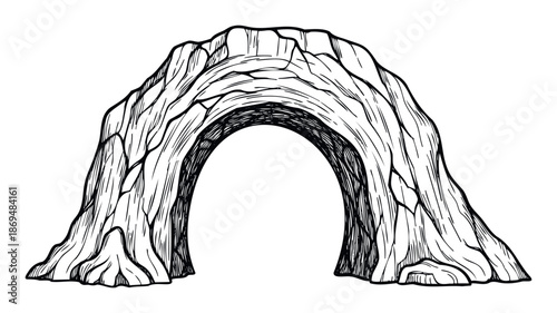 Detailed black and white sketch of a rugged natural rock archway, providing a sturdy gateway for fantasy world settings, outdoor adventure designs, or historical landscape presentations.