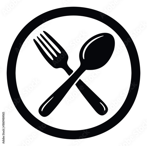 Simple dining icon depicting a crossed fork and spoon within a bold circular frame, ideal for restaurant branding, food service identification, cafeteria menus, and culinary related graphic