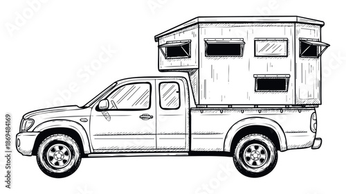 Hand drawn sketch of a pickup truck equipped with a functional truck bed camper featuring multiple windows, perfect for outdoor adventure and travel concepts