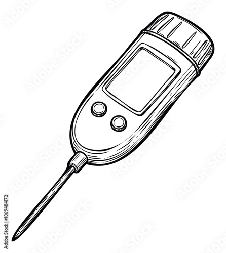 A handdrawn style digital food thermometer with a long metal probe suitable for kitchen appliances, scientific tools, or temperature monitoring equipment