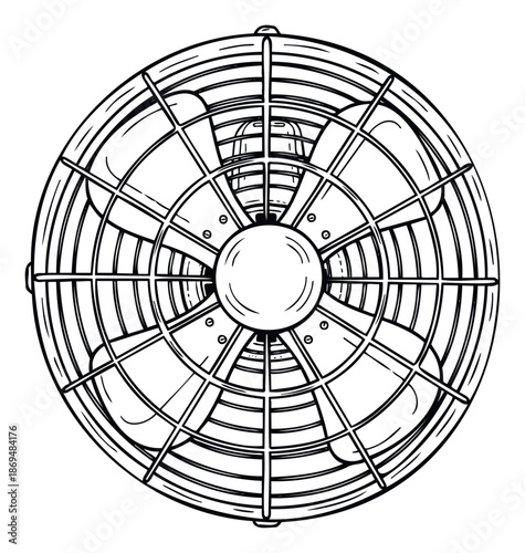 Mechanical cooling fan protective grill with internal blades for air circulation and ventilation system design purposes or industrial equipment illustrations