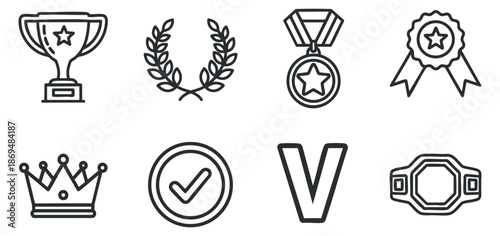 A collection of award icons including trophy, medal, laurel, and badge in minimalist outline vector style, suitable for recognition and achievement themes