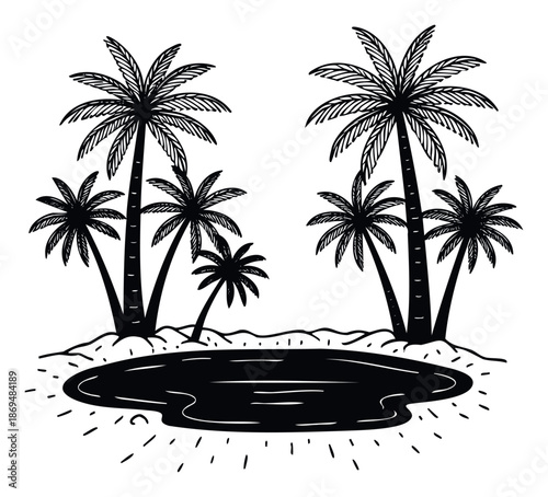 Tropical island oasis sketch featuring numerous palm trees surrounding a serene lagoon, perfect for summer vacation themes and travel promotions.