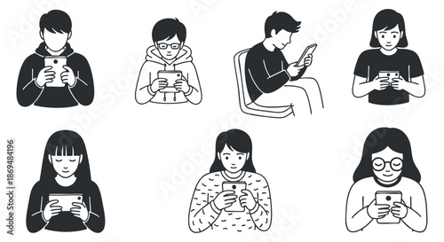 A collection of diverse characters using smartphones in a minimalist black and white vector style, ideal for technology and social media projects