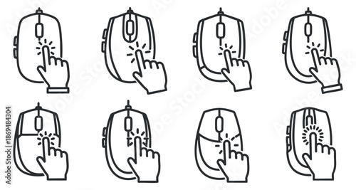 A collection of computer mouse click icons featuring hand gestures in minimalist line vector style, suitable for user interface design