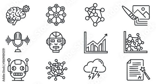 A collection of technology-themed icons including a brain, robot, microphone, and graphs in minimalist vector outline style, suitable for digital projects and presentations