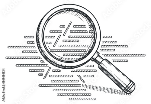 A sketch of a magnifying glass overlaid on abstract lines in black and white outline style, suitable for research and analysis themes
